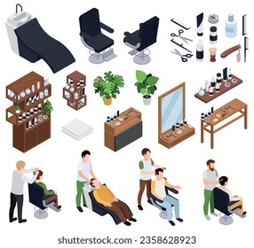 Barbershop hair salon isometric set of isolated icons with interior elements barbers tools and human characters vector illustration