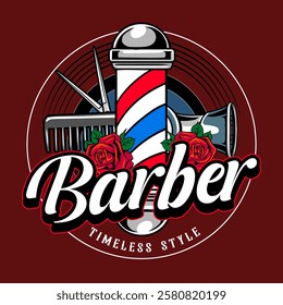 Barbershop Hair Salon with a scissor, comb, electric clipper, and barber's pole elements Logotype Badge Vector Illustration