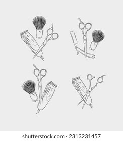 Barbershop haircut and shave collection with clipper, trimmer, blade, shaving brush, scissors, comb, straight razor, barber pole drawing on light background