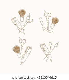 Barbershop haircut and shave collection with clipper, trimmer, blade, shaving brush, scissors, comb, straight razor, barber pole drawing on brown background
