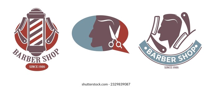 Recortes y afeitado de barbería, icono aislado de siluetas y tijeras masculinas. La barba, el bigote y la forma y el recorte del peinado. Logotipo o emblema, logotipo o banner promocional. Vector de estilo plano