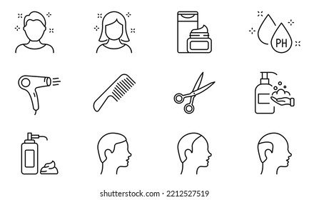 Friseur- und Friseursalon-Symbole. Icons Set für Haarpflege und Friseursalons. Frischkämme, Scheren, Trockner, Shampoo und Sat-Creme. Bearbeitbarer Stroke. Einzelne Vektorgrafik.