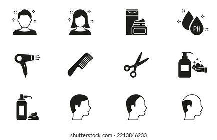 Barbershop y peluquería Silhouette Icons. Herramientas de peluquería y peluquería Icons Set. Barber Comb, tijeras, secadora, champú y crema de reposo. Ilustración de vectores aislados.