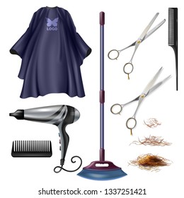 Barbershop hairdresser tools and accessories 3d realistic vector set isolated on white background. Scissors and combs, electrical hair dryer, gown or cape, telescopic broom, trimmed hair illustrations