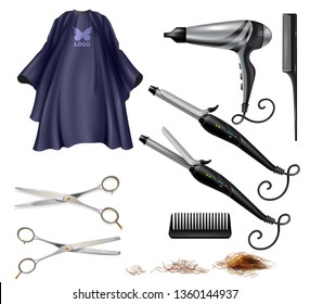 Barbershop hairdresser tools and accessories 3d realistic vector set isolated on white background. Scissors and combs, electrical hair dryer, gown or cape, curling tongs, trimmed hair illustrations