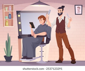 barbershop. hairdresser working in beauty salon vector cartoon background