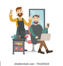 Barbershop , hairdressers salon. Hairdresser working with young hipster customer enjoying himself with coffee and laptop. Flat design vector illustration