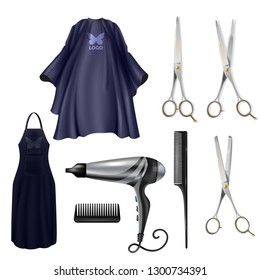 Barbershop hairdressers tools realistic vector set isolated on white background. Classic offset and texturizing scissors, wide tooth, rat tail combs, electrical hair dryer, apron and cape illustration