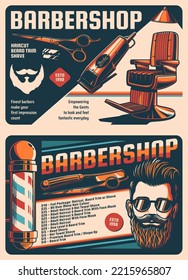 Barbershop and hairdressing salon posters. Haircut stylist retro banner or flyer, man beauty saloon vintage vector poster. Barbershop leaflet with scissors, chair and razor, hipster face, hair clipper