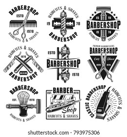 Barbershop or hairdressing salon set of nine vector monochrome emblems isolated on white background