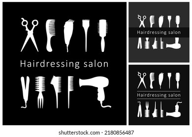 Barbershop or hairdressing salon signboard with hairdresser tools white silhouettes on black background. Square vector banner of minimalist design with scissors, comb, hair dryer, clipper signs