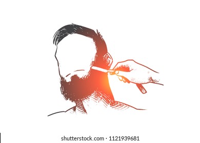 Barbershop, hipsters, shave concept. Hand drawn barber shaving beard in salon concept sketch. Isolated vector illustration.