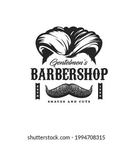 Barbershop icon with haircut, man beard and mustaches shave salon, vector. Barber shop sign with gentleman or hipster beard and mustaches, haircut, shaving and trimming studio icon