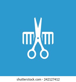 barbershop icon, isolated, white on the blue background. Exclusive Symbols 