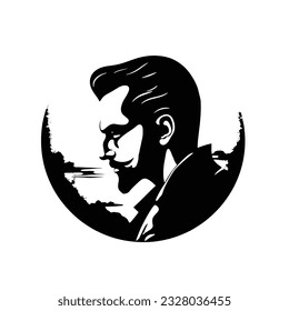 Barbershop icon logo, hair salon with hipster head, Man tattoo,  sideview vector isolated