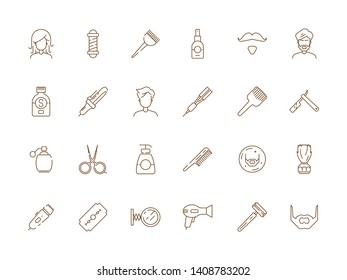 Barbershop icon. Man shaving and grooming tools beauty haircut salon hair trim vector thin line symbols. Haircut and grooming, razor and other accessories illustration