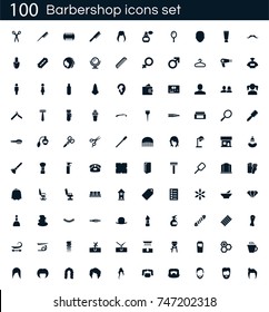 Barbershop icon set with 100 vector pictograms. Simple filled beauty icons isolated on a white background. Good for apps and web sites. 