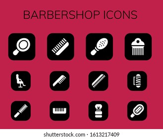 barbershop icon set. 12 filled barbershop icons. Included Hand mirror, Salon chair, Comb, Shaving brush, Barber icons