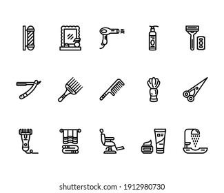 Barbershop Icon Set with Barber Pole, Hair Dryer, Shaver, Razor, Comb, Scissors Icon