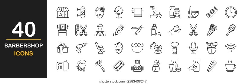 Barbershop icon set. Set includes icons as brush, comb, hairbrush, razor, beard, scissors, shaving, grooming, hairdryer, logo illustration and more. Vector illustration