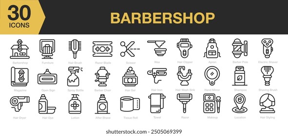 Barbershop icon sets. Includes spray bottle, apron, shaver, hair iron, mirror, towel, razor, and More. Outline icons vector collection.