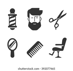 Barbershop icons. Bearded man face and barber tools.  // Black and White