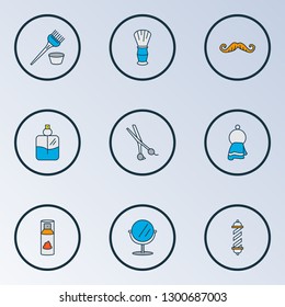 Barbershop icons colored line set with hair dye brush, mirror, moustache and other shaver elements. Isolated vector illustration barbershop icons.