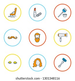Barbershop icons colored line set with shaving razor, moustache, curly hair and other bristle elements. Isolated vector illustration barbershop icons.