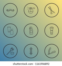 Barbershop icons line style set with barber pole, moustache, scissors and other cream elements. Isolated vector illustration barbershop icons.