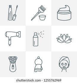 Barbershop icons line style set with cream, hairdryer, mascara and other washcloth elements. Isolated vector illustration barbershop icons.