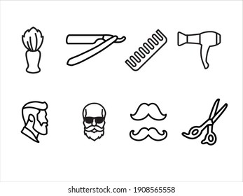 Barbershop icons set. Barber symbol silhouettes isolated on background. 
Vector illustration for Website page and mobile app design. 
