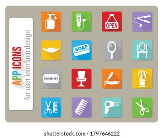 barbershop icons set in flat design with long shadow