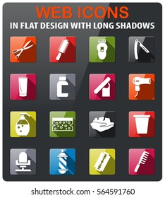 barbershop icons set in flat design with long shadow