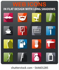 barbershop icons set in flat design with long shadow