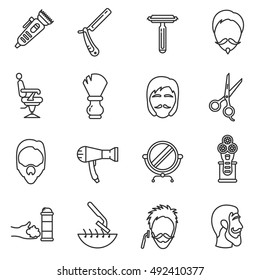 Barbershop icons set, line style. beard grooming isolated symbols collection. shaving beards vector linear illustration