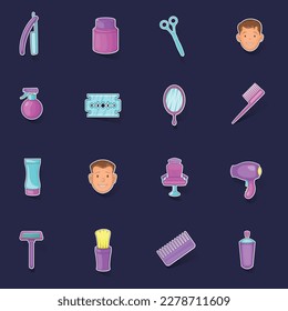 Barbershop icons set stikers collection vector with shadow on purple background