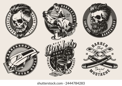 Elementos monocromos de la industria de la barbería con calaveras y cortadoras y cuchillas peligrosas para la Ilustración vectorial de diseño de ropa de barbero