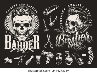 Barbershop industry monochrome set logotypes with manual and electric clippers and shaving machines near skulls with hipster hairstyle vector illustration