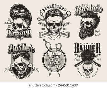 Barbershop industry set stickers monochrome with skulls and accessories for haircuts and shaving for dyeing barber salon display vector illustration