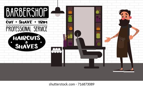 Barbershop interior with barber character and hairdressing salon tools for male haircuts and shaves. Vector cartoon style template.