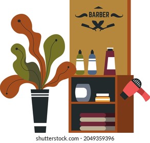 Barbershop Innenausstattung, Einzeltisch oder Schubladen mit Haartrockner und Lotionen, Kosmetik und Produkte. Die Inneneinrichtung der Haustiere sorgt für eine Wiederbelebung des Raumes, ein rustikales Etikett oder ein Schild auf Holz. Vektorgrafik im Flachstil