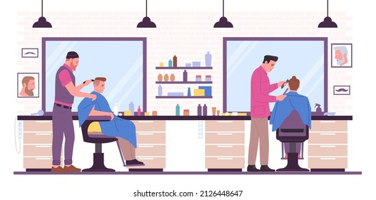 Barbershop interior. Hair salon. Beauty studio with professional tools and mirrors. Gentlemen characters sitting in armchairs. Barbers haircutting and making hairstyles