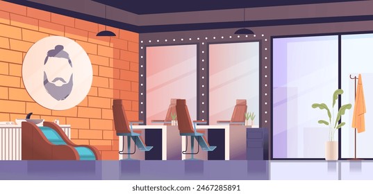 Barbershop interior. Hairdresser table inside beauty salon parlour room, barber chair workplace furniture hairstylist equipment for haircut, hairdressing vector illustration of barbershop hair room