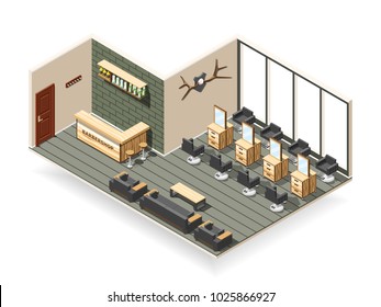 Barbershop interior including workplaces with mirrors, waiting area, cosmetic products on shelf isometric composition vector illustration