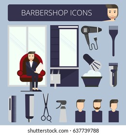 Barbershop interior, stylish hair salon or barber shop.  Cutting, styling, washing, hair dryer. Flat design vector illustrations.