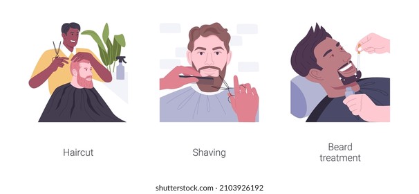 Barbershop isolated cartoon vector illustration set. Stylish man getting haircut in barbershop, shaving beard in salon, professional barber applies cosmetics, men beauty salon vector cartoon.