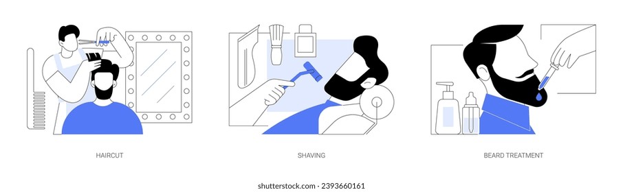Barbershop isolated cartoon vector illustrations set. Stylish man getting haircut in barbershop, shaving beard in salon, professional barber applies cosmetics, men beauty salon vector cartoon.