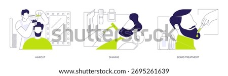 Barbershop isolated cartoon vector illustrations set. Stylish man getting haircut in barbershop, shaving beard in salon, professional barber applies cosmetics, men beauty salon vector cartoon.