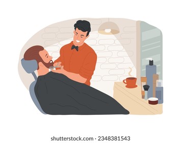 Barbershop isolated concept vector illustration. Haircut service, beard shaving, moustache trimming, mans style, hairdresser scissors, hairstylist chair, professional care vector concept.