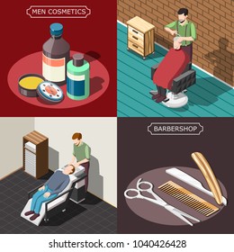 Barbershop isometric design concept with men cosmetics, professional tools, washing hair, male haircut isolated vector illustration
